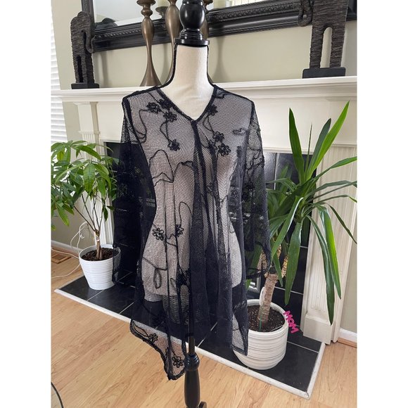 Women's Kimono Top Beach Cover Up V Neck Sheer Fishnet Mesh Black One Size - Picture 2 of 12